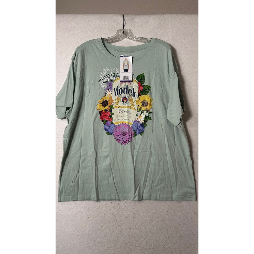 Modelo Especial‎ Floral Graphic Tee Womens XXL Green Cotton Beer T-Shirt NWT